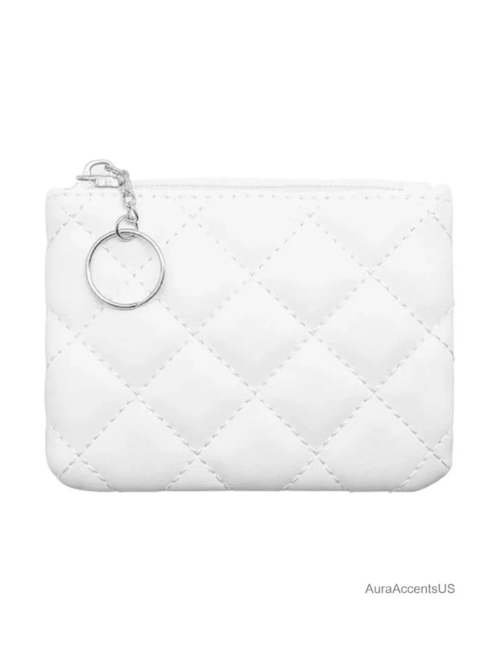 Quilted Faux Leather Mini Coin Purse Card Holder with Keychain